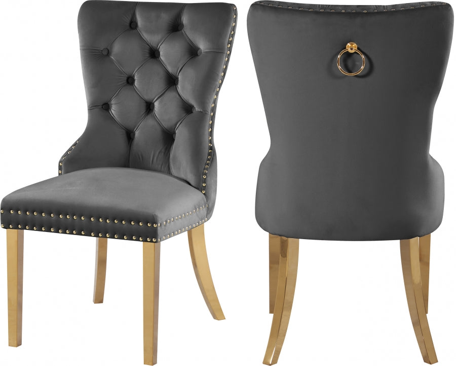 Carmen velvet dining chairs with gold accents