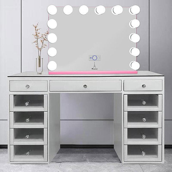 GLAM MARY WHITE VANITY WITH CLEAR GLASS TOP
