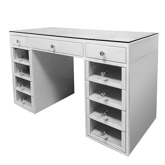GLAM MARY WHITE VANITY WITH CLEAR GLASS TOP