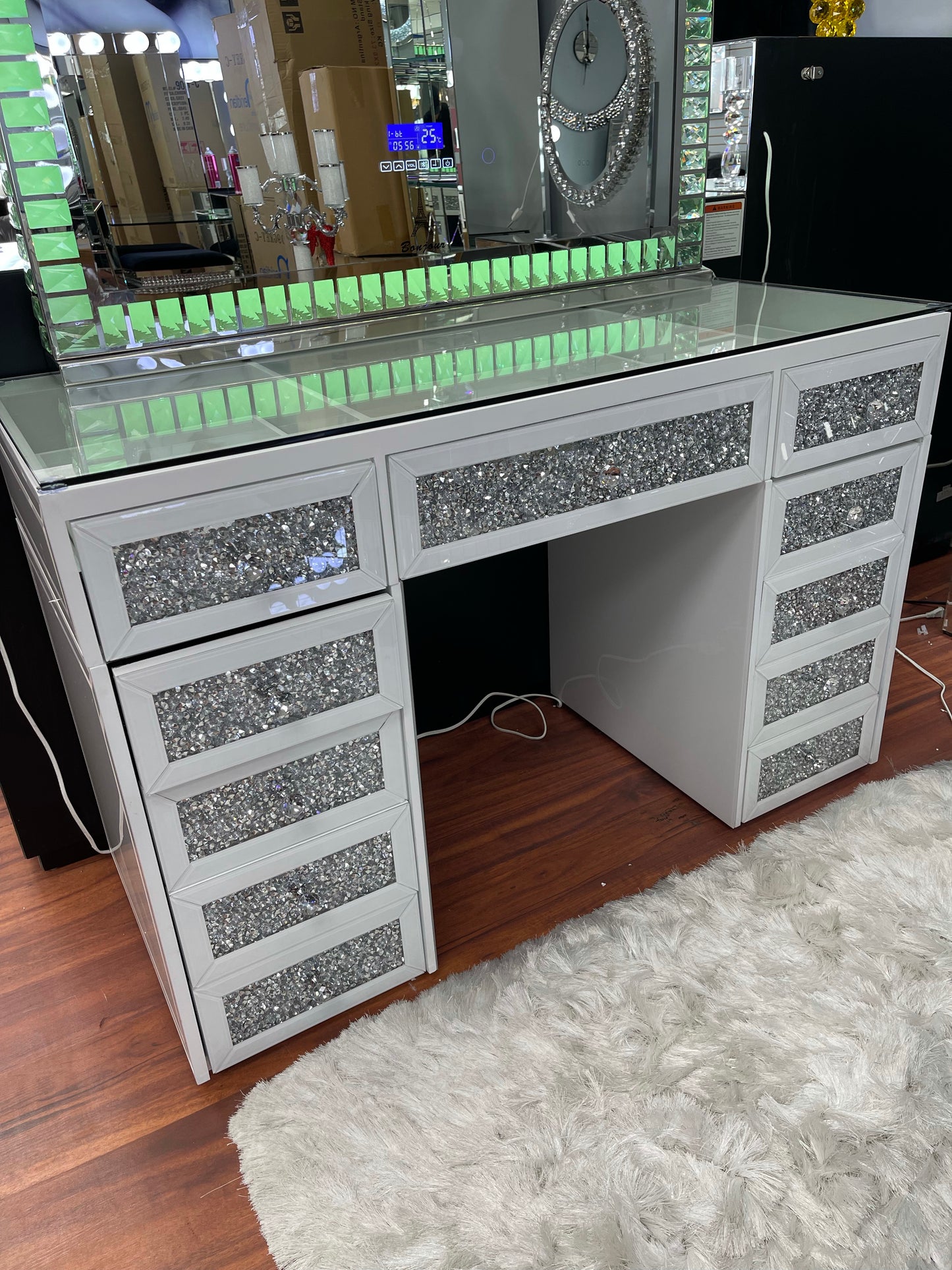 Glam White Mirrored Vanity w/crushed Diamonds
