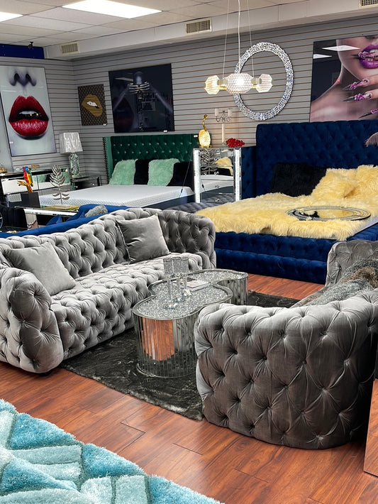 Tufted Velvet Gray Sofa & Loveseat