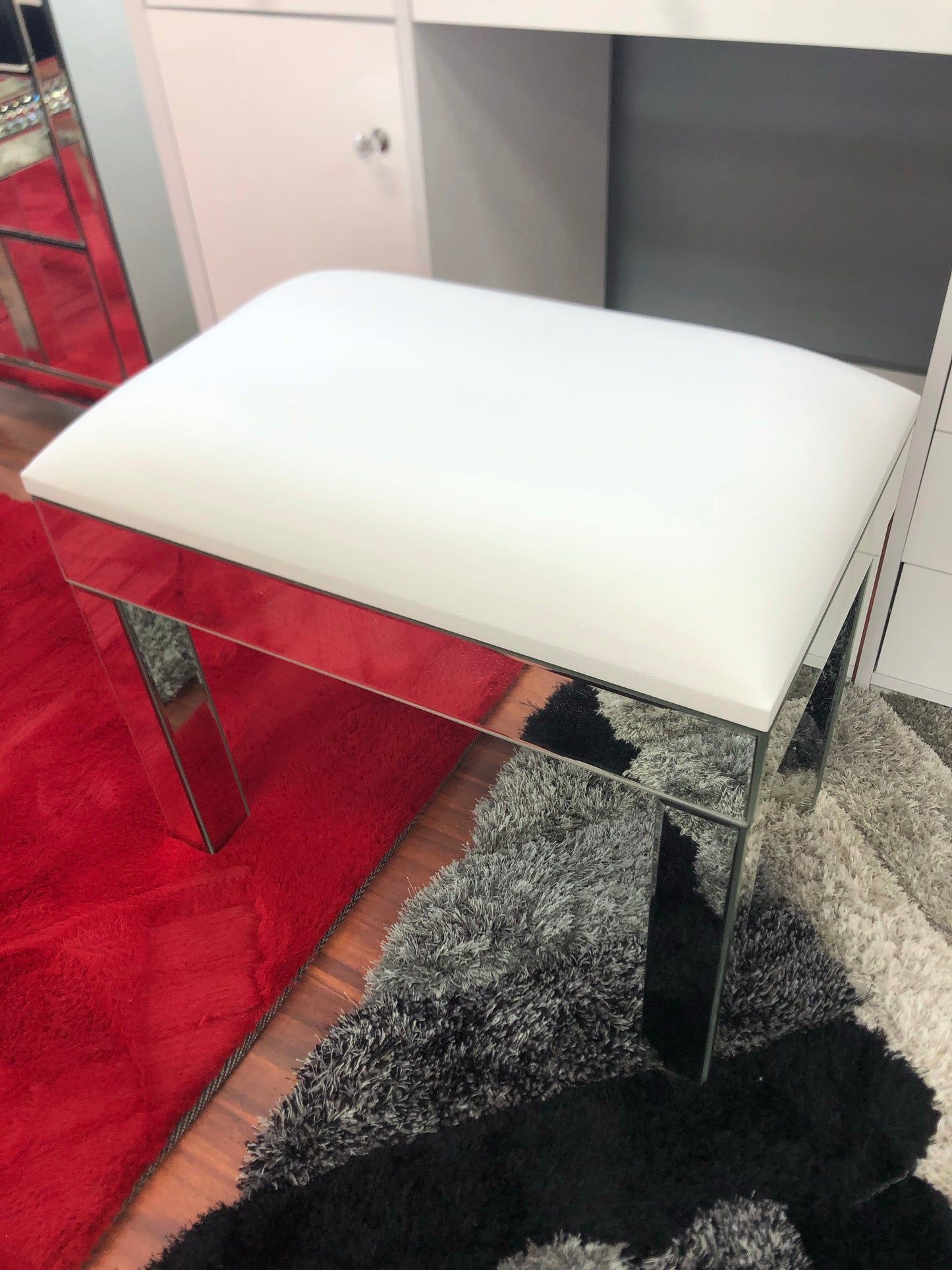 Glam Mirrored White Leather Vanity Stool