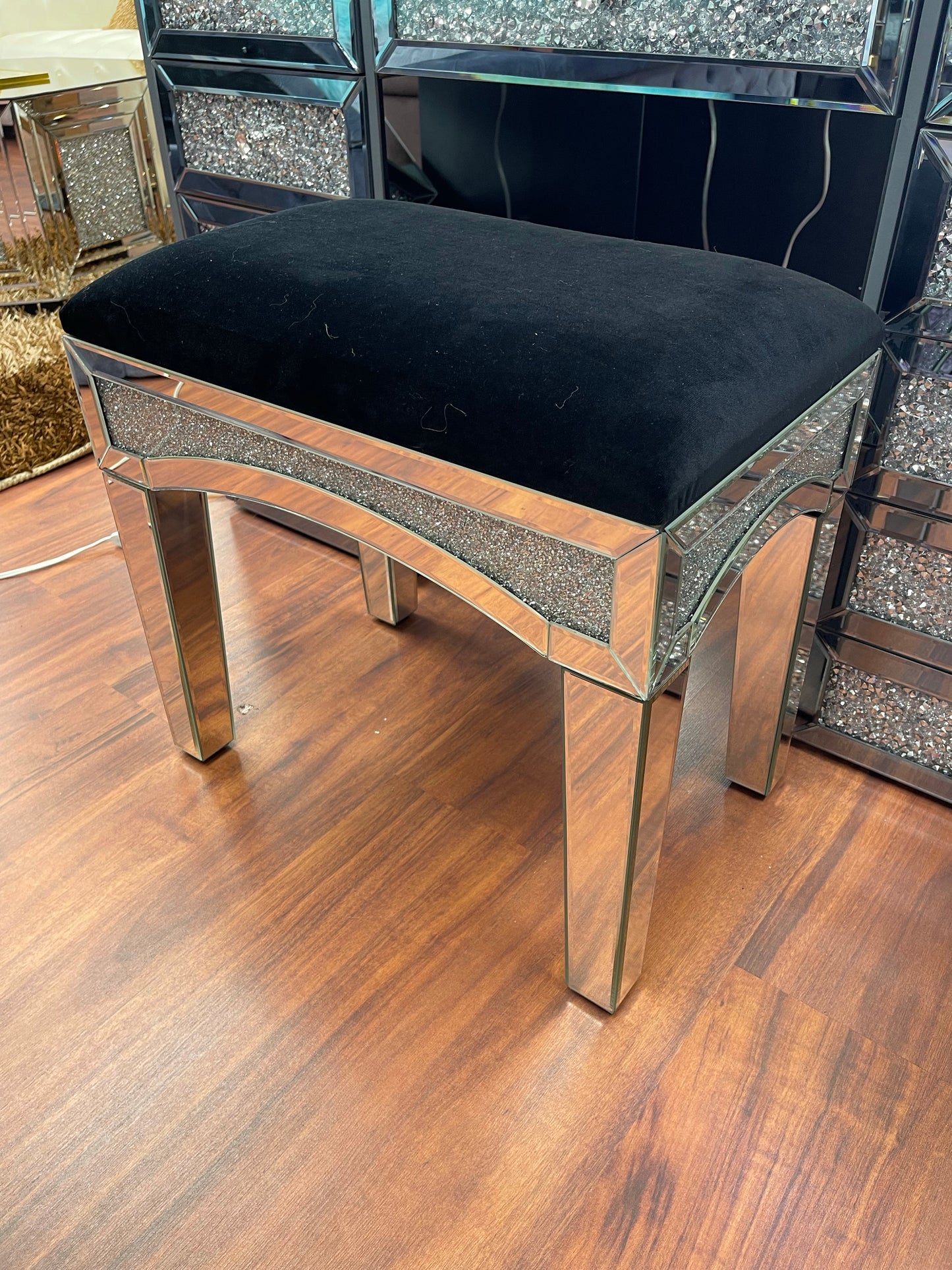 Black Velvet Vanity Stool w/crushed Diamonds