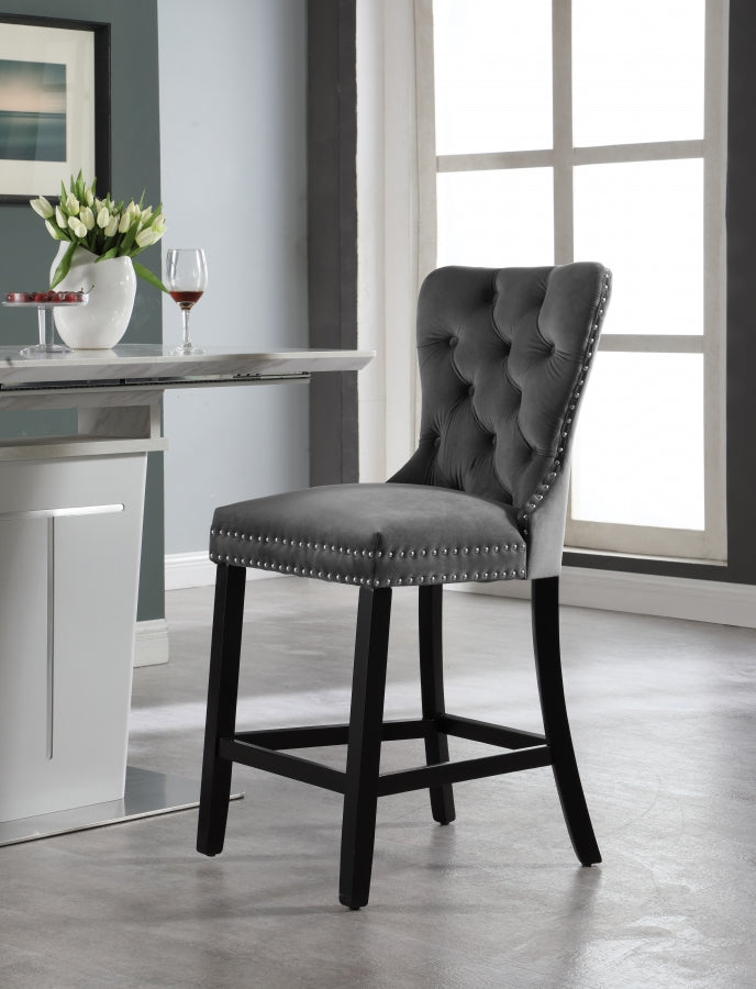 Glam Tufted Grey Velvet Barstool