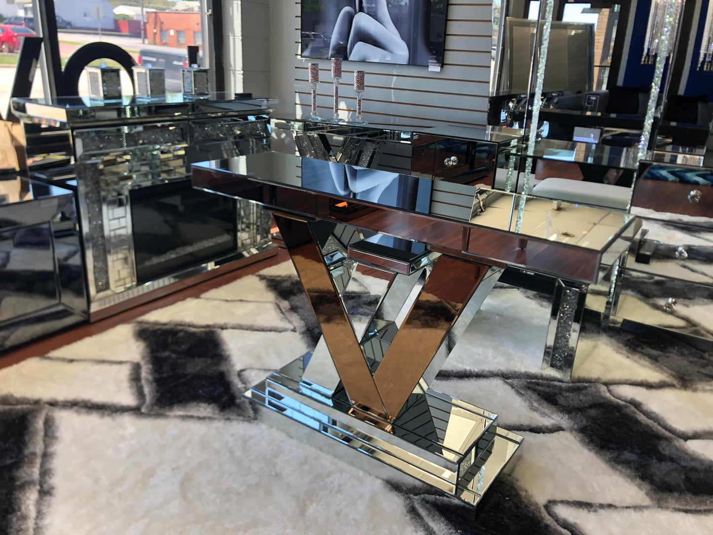 Mirrored LV Silver & Rose Console Table