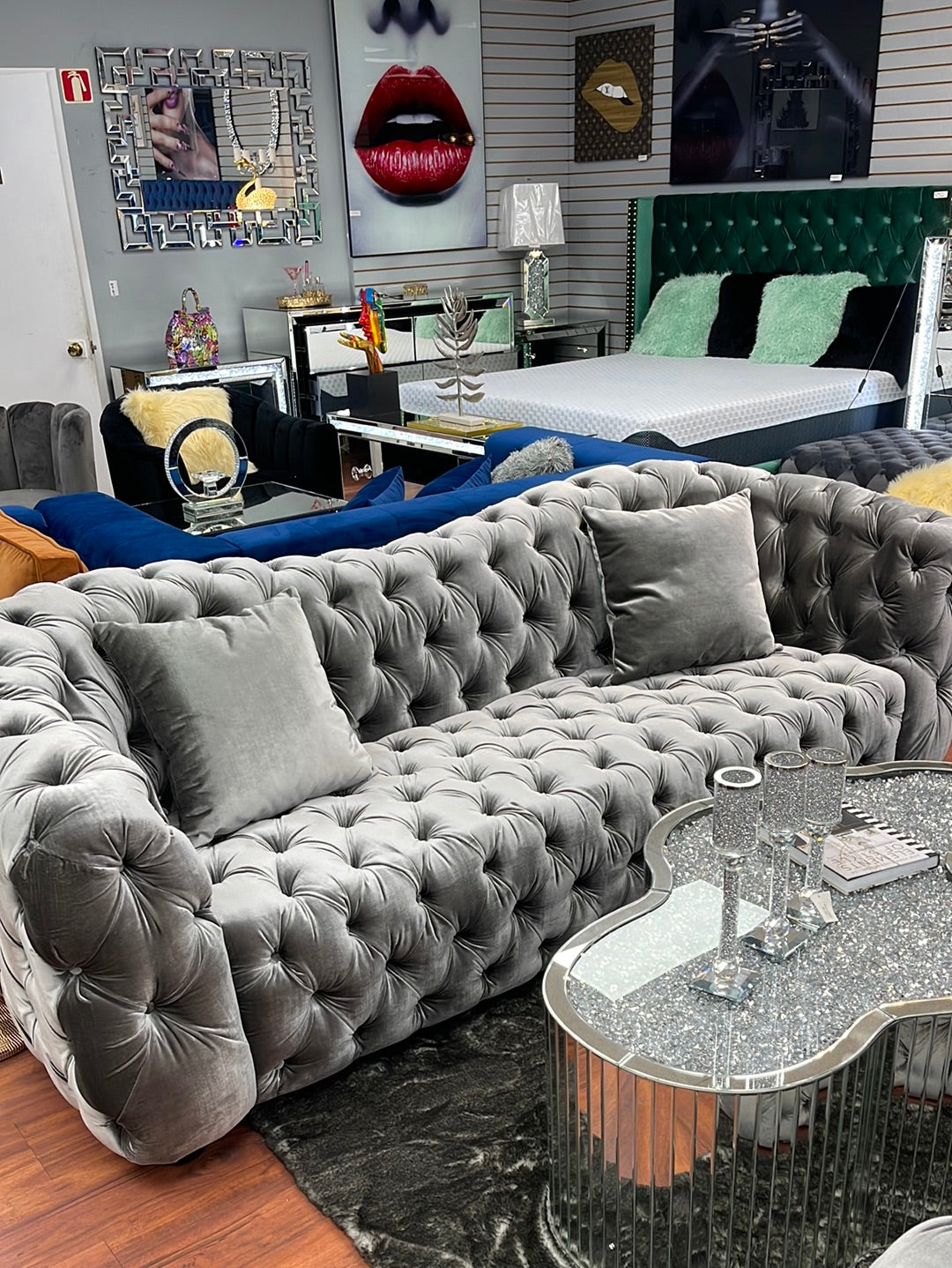 Tufted Velvet Gray Sofa & Loveseat